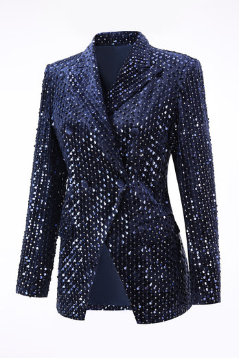 2 Piece Sparkly Navy Peak Lapel Sequin Women Prom Suits
