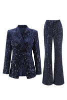 Load image into Gallery viewer, Women 2 Piece Sparky Navy Women Prom Suits Sequins Peak Lapel Business Suits with Sleeves