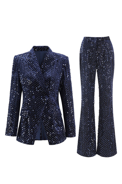 Women 2 Piece Sparky Navy Women Prom Suits Sequins Peak Lapel Business Suits with Sleeves