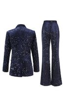 Load image into Gallery viewer, 2 Piece Sparkly Navy Peak Lapel Sequin Women Prom Suits