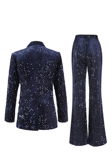 2 Piece Sparkly Navy Peak Lapel Sequin Women Prom Suits