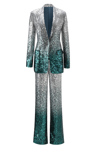 Women 2 Piece Sparkly Silver and Peacock Sequin Women Prom Suits Peak Lapel Party Tuxedo with Sleeves
