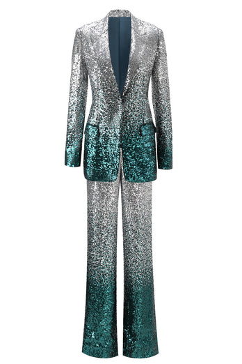 Women 2 Piece Sparkly Silver and Peacock Sequin Women Prom Suits Peak Lapel Party Tuxedo with Sleeves