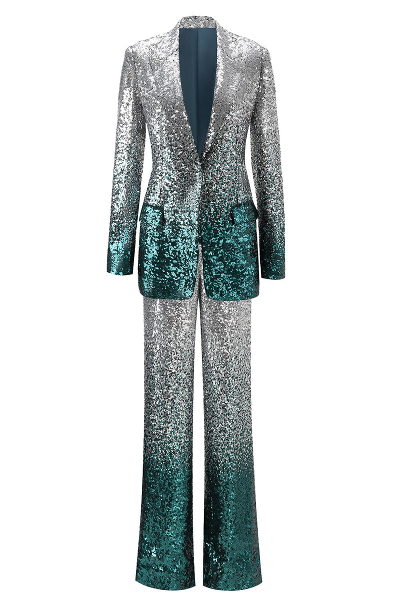 Load image into Gallery viewer, Women 2 Piece Sparkly Silver and Peacock Sequin Women Prom Suits Peak Lapel Party Tuxedo with Sleeves