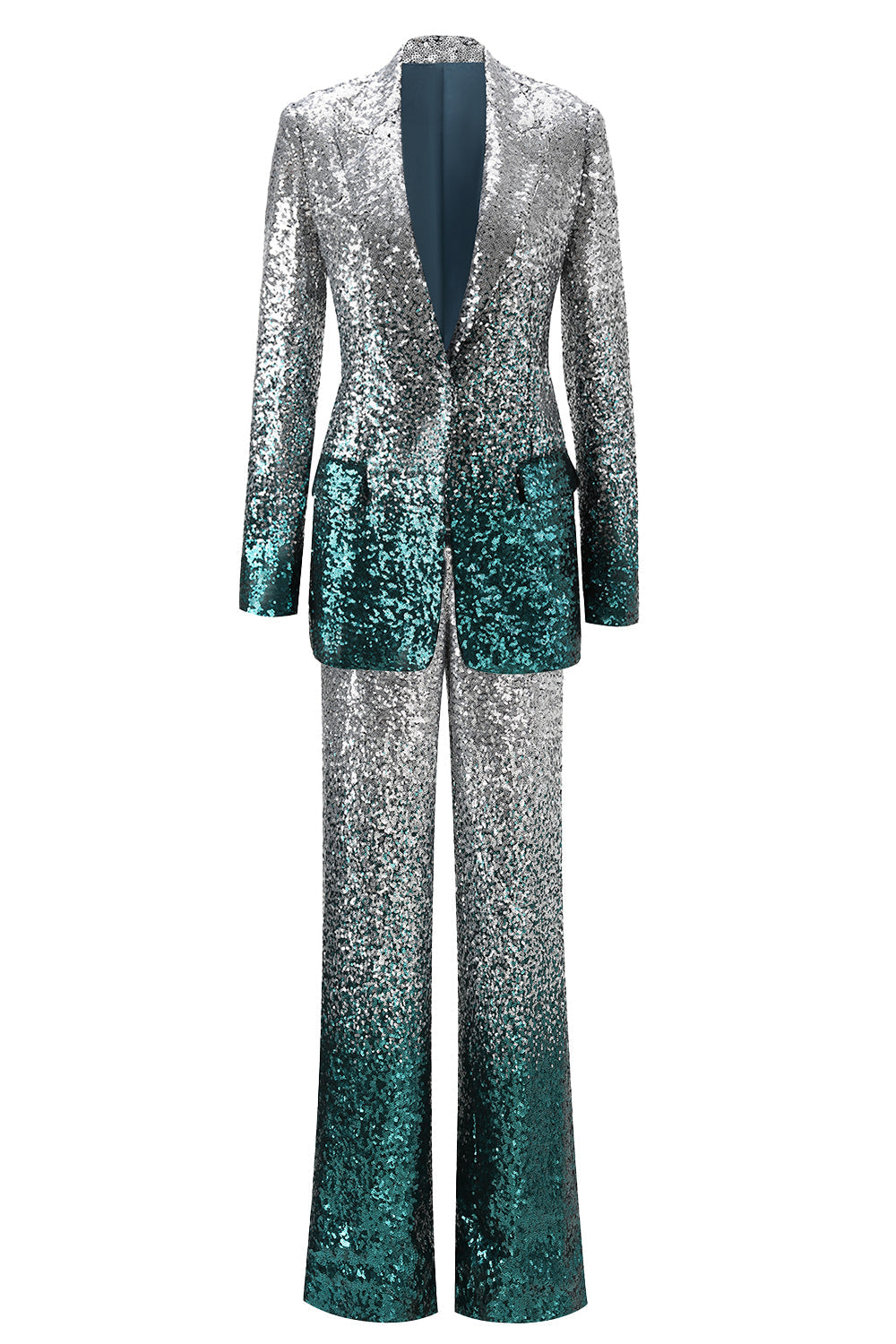 Women 2 Piece Sparkly Silver and Peacock Sequin Women Prom Suits Peak Lapel Party Tuxedo with Sleeves