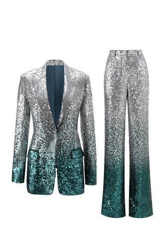 2 Piece Sparkly Silver and Peacock Sequin Women Prom Suits