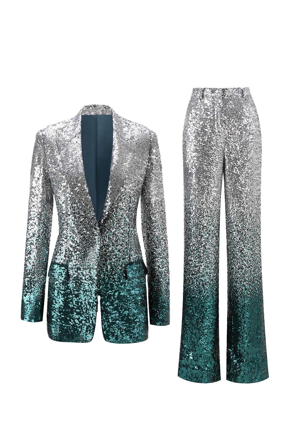 2 Piece Sparkly Silver and Peacock Sequin Women Prom Suits