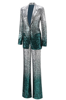 2 Piece Sparkly Silver and Peacock Sequin Women Prom Suits