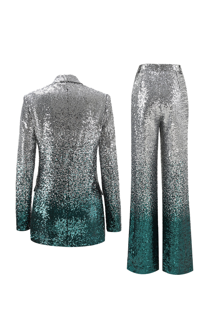 Load image into Gallery viewer, 2 Piece Sparkly Silver and Peacock Sequin Women Prom Suits