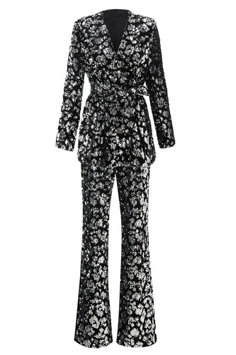 2 Piece Sparkly Black Sequin Women Prom Suits with Sash