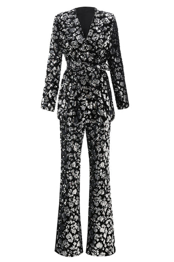 2 Piece Sparkly Black Sequin Women Prom Suits with Sash