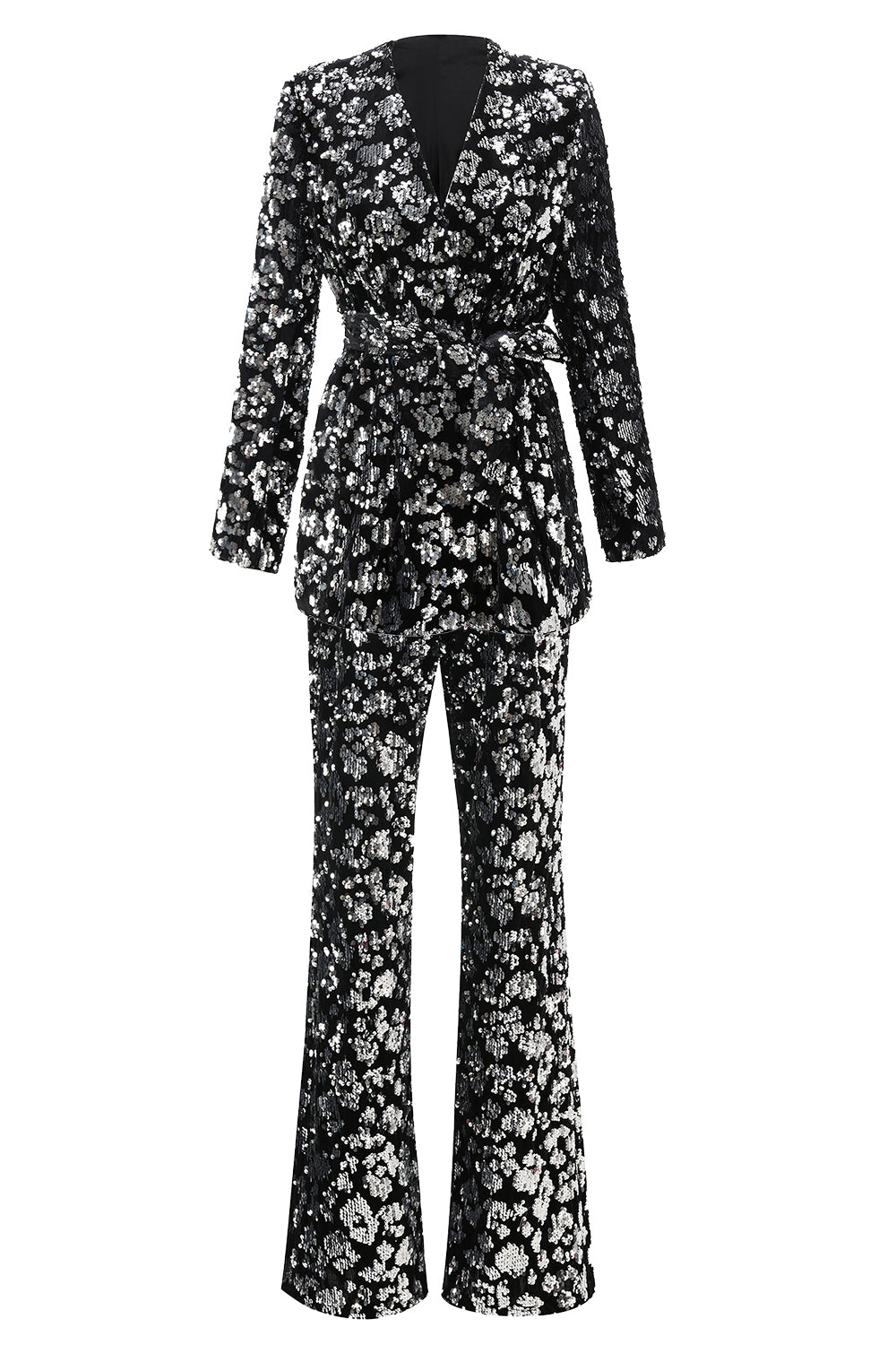 2 Piece Sparkly Black Sequin Women Prom Suits with Sash