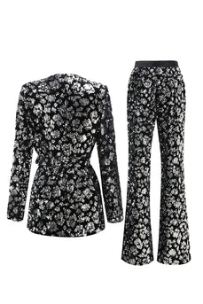 2 Piece Sparkly Black Sequin Women Prom Suits with Sash
