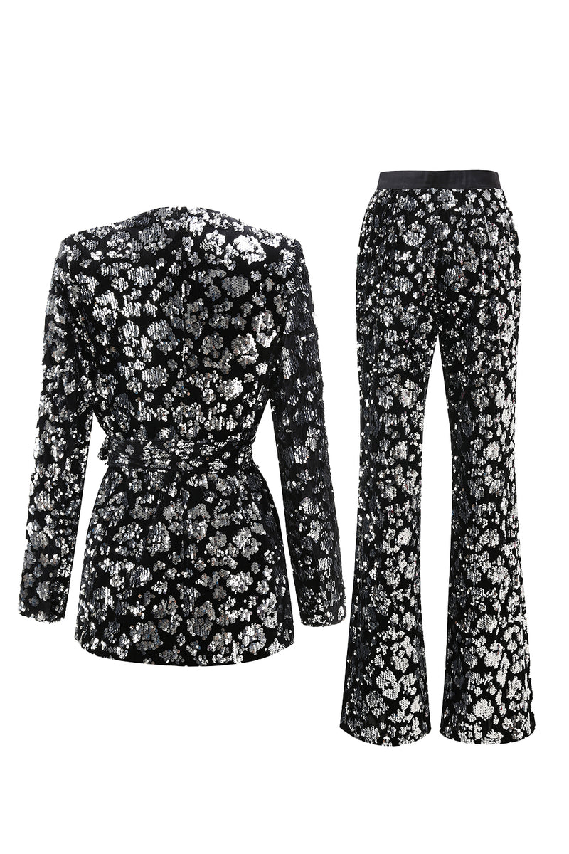 Load image into Gallery viewer, 2 Piece Sparkly Black Sequin Women Prom Suits with Sash