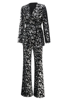 2 Piece Sparkly Black Sequin Women Prom Suits with Sash