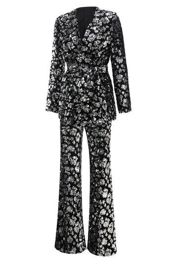 2 Piece Sparkly Black Sequin Women Prom Suits with Sash