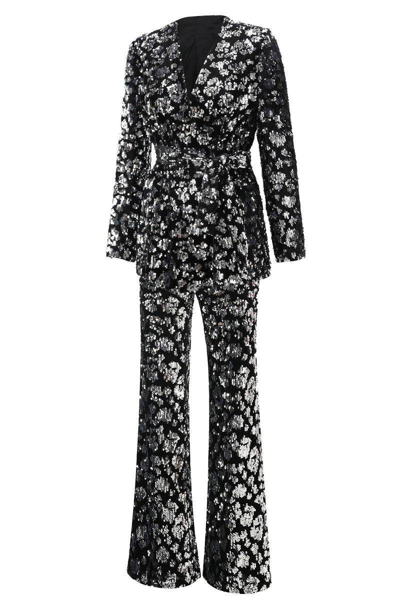 Load image into Gallery viewer, 2 Piece Sparkly Black Sequin Women Prom Suits with Sash