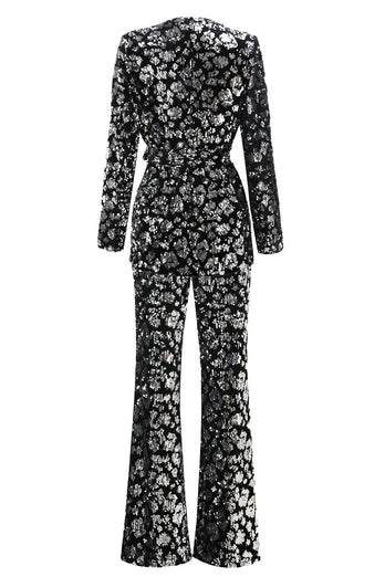 2 Piece Sparkly Black Sequin Women Prom Suits with Sash