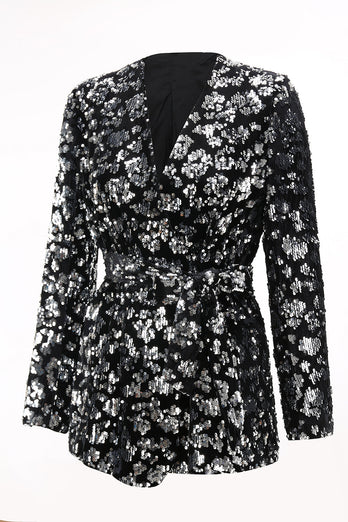 2 Piece Sparkly Black Sequin Women Prom Suits with Sash