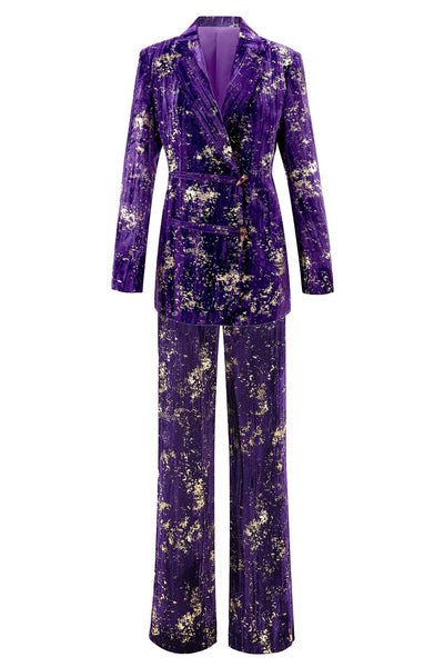 Women Sparkly 2 Piece Purple Jacquard Prom Suits Peak Lapel One Button Party Tuxedo