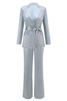 Load image into Gallery viewer, 2 Piece Dusty Blue Satin Women Prom Suits with Sash
