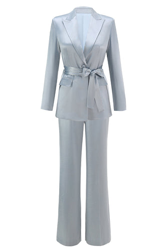 2 Piece Dusty Blue Satin Women Prom Suits with Sash