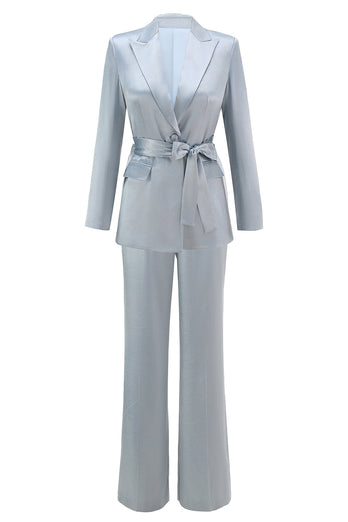 2 Piece Dusty Blue Satin Women Prom Suits with Sash