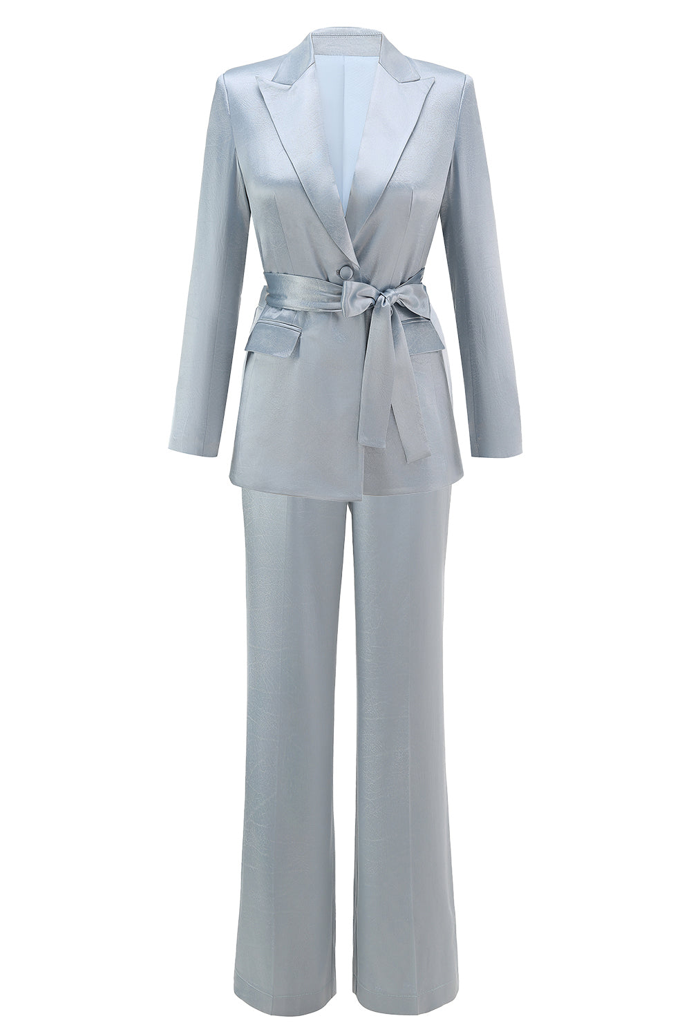2 Piece Dusty Blue Satin Women Prom Suits with Sash