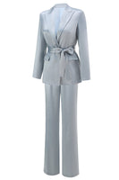 Load image into Gallery viewer, 2 Piece Dusty Blue Satin Women Prom Suits with Sash