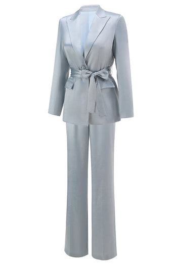 2 Piece Dusty Blue Satin Women Prom Suits with Sash