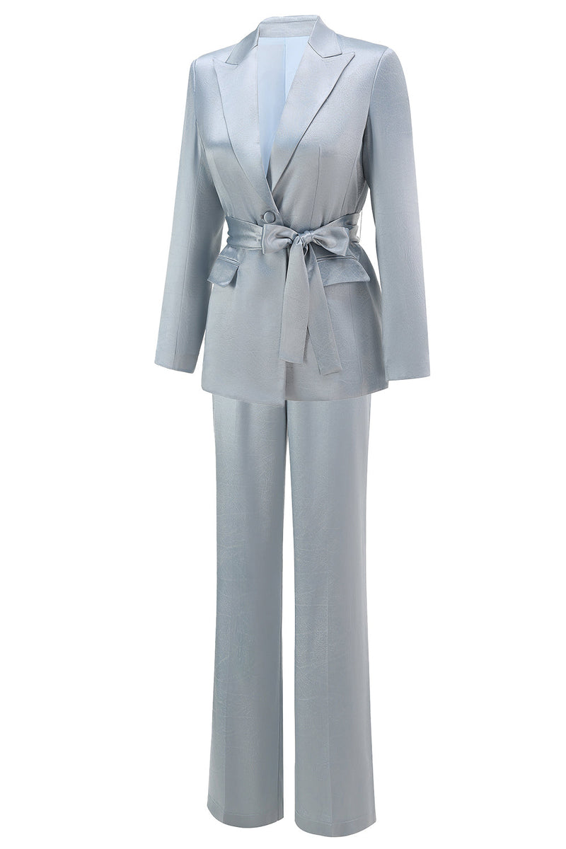 Load image into Gallery viewer, 2 Piece Dusty Blue Satin Women Prom Suits with Sash