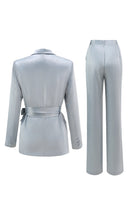 Load image into Gallery viewer, 2 Piece Dusty Blue Satin Women Prom Suits with Sash