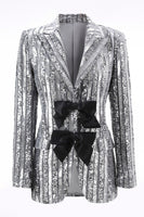 Load image into Gallery viewer, Sparkly Silver Grey Sequin Peak Lapel Women Prom Blazer with Bow
