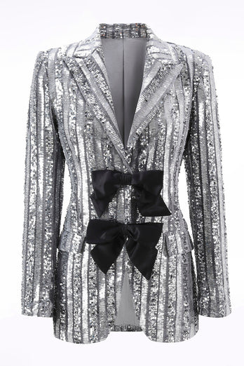 Sparkly Silver Grey Sequin Peak Lapel Women Prom Blazer with Bow