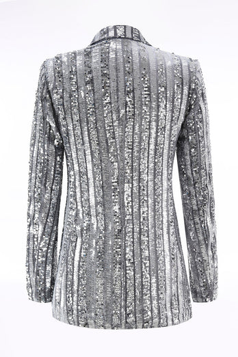 Sparkly Silver Grey Sequin Peak Lapel Women Prom Blazer with Bow