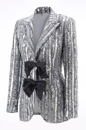 Sparkly Silver Grey Sequin Peak Lapel Women Prom Blazer with Bow