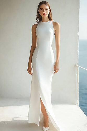 Ivory Round Neck Mermaid Maxi Rehearsal Dinner Dress with Slit