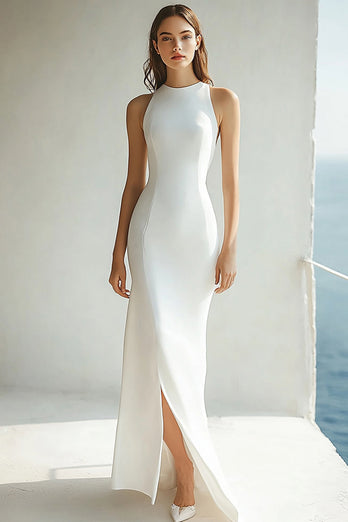 Ivory Round Neck Mermaid Maxi Rehearsal Dinner Dress with Slit
