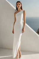 Load image into Gallery viewer, Ivory One Shoulder Sheath Maxi Rehearsal Dinner Dress with Slit