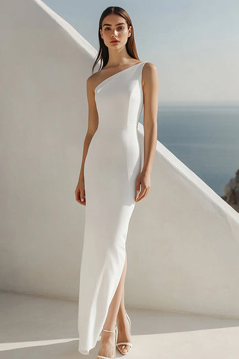Ivory One Shoulder Sheath Maxi Rehearsal Dinner Dress with Slit
