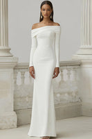 Load image into Gallery viewer, Ivory Off the Shoulder Mermaid Maxi Rehearsal Dinner Dress with Sleeves