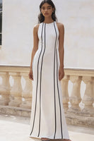 Load image into Gallery viewer, White and Black Striped Sheath Maxi Rehearsal Dinner Dress