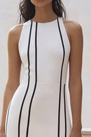 Load image into Gallery viewer, White and Black Striped Sheath Maxi Rehearsal Dinner Dress