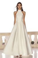 Load image into Gallery viewer, Ivory High Neck A Line Satin Maxi Rehearsal Dinner Dress