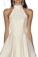 Load image into Gallery viewer, Ivory High Neck A Line Satin Maxi Rehearsal Dinner Dress