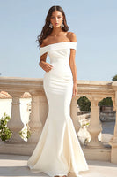 Load image into Gallery viewer, Ivory Mermaid Off the Shoulder Maxi Satin Rehearsal Dinner Dress