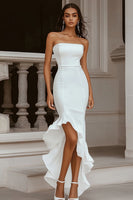 Load image into Gallery viewer, Ivory Strapless High-Low Rehearsal Dinner Dress with Ruffles