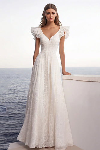 Ivory Lace V-Neck Maxi Rehearsal Dinner Dress with Ruffles