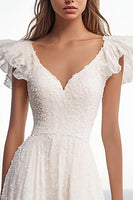 Load image into Gallery viewer, Ivory Lace V-Neck Maxi Rehearsal Dinner Dress with Ruffles