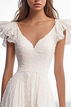 Ivory Lace V-Neck Maxi Rehearsal Dinner Dress with Ruffles
